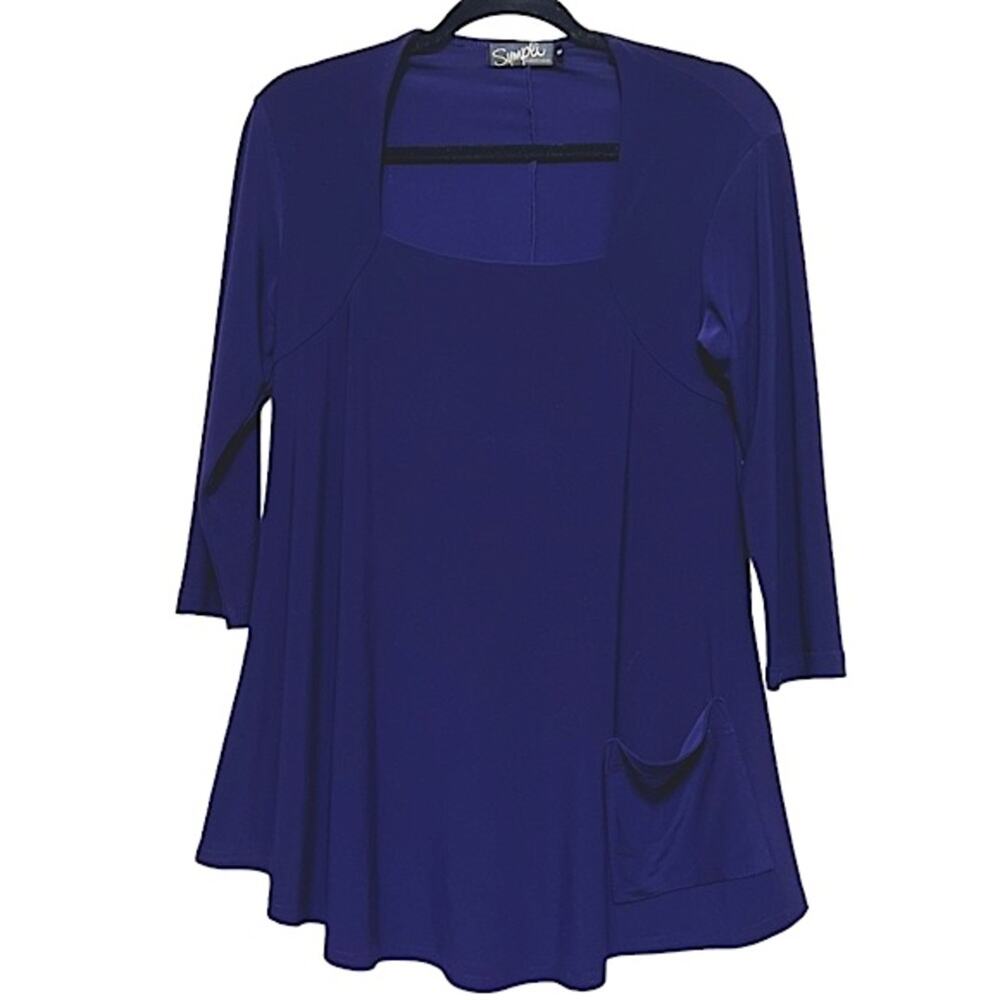 Sympli Square Neck Purple-ish Blue Tunic Trapeze Hem 3/4 Sleeve w. Front Pocket